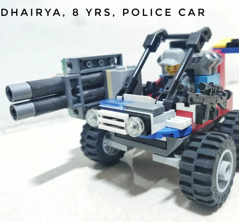 Lego police car built by Dhairya at eight